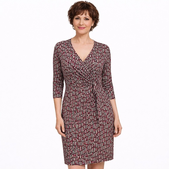 Laundry by Design Dresses & Skirts - Laundry By Design Red Black White Geometric Print Faux Wrap Dress 3/4 sleeve 12P